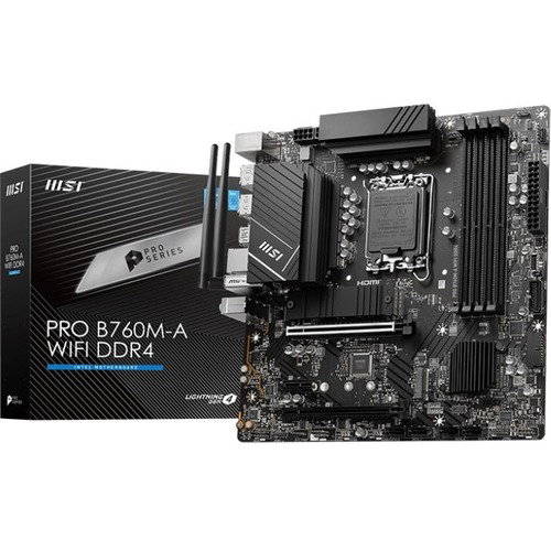 MSI Pro B760M-A WIFI DDR4 Gaming Desktop Motherboard - Intel B760 Chipset - Socket LGA-1700 - Micro ATX - Core, Pentium Gold, Celeron Processor Supported - 128 GB DDR4 SDRAM Maximum RAM - DIMM, UDIMM - 4 x Memory Slots - Gigabit Ethernet - HDMI - DisplayP