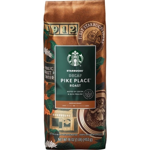 Starbucks Coffee, Pike Place Decaf, Whole Bean, Medium Roast, 16 oz, 100 Percent Arabica