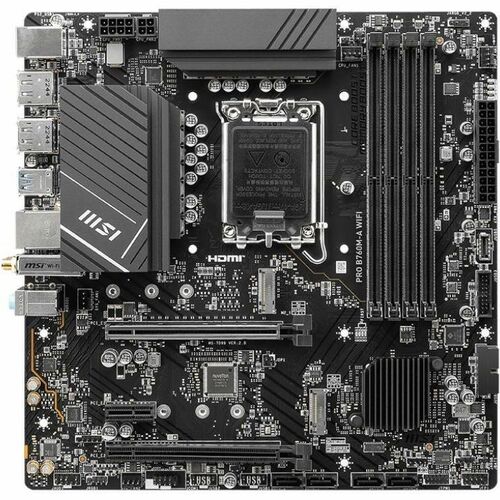 MSI PRO B760M-A WIFI Gaming Desktop Motherboard - Intel B760 Chipset - Socket LGA-1700 - Micro ATX - Pentium, Core, Celeron Processor Supported - 192 GB DDR5 SDRAM Maximum RAM - DIMM, UDIMM - 4 x Memory Slots - Gigabit Ethernet - IEEE 802.11 a/b/g/n/ac/ax