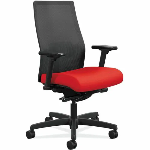 HON Ignition Task Chair, Mid-Back Mesh, Ruby Fabric Seat, Adjustable Arms, Synchro-Tilt, Pneumatic Height, 300 lb Capacity, Black Frame
