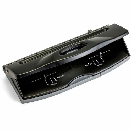 Officemate Manual 6-Hole Punch, Diary, 8-Sheet Capacity, Steel, Black, Handle Lock, Confetti Tray, Adjustable Hole Guide, for A5, A6, Half Letter