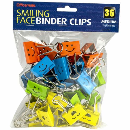 Officemate Binder Clips, Medium, Assorted Smiling Face Colors, Steel, 1.3" x 6.3" x 2.4", 36/PK