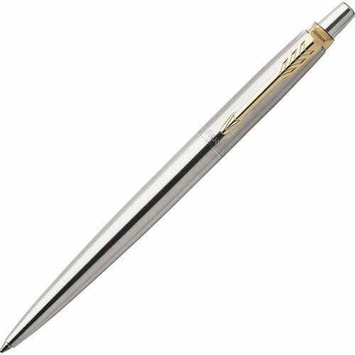 Parker Jotter Steel Gel Golden Finish Trim Ballpoint Pen - Bold Pen Point - 0.7 mm Pen Point Size - Conical Pen Point Style - Refillable - Retractable - Black - Stainless Steel Stainless Steel Barrel
