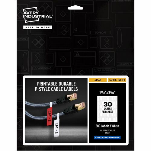 Avery® Cable Labels, P-Style, 1.02" x 3.3" , 300 Total (61540) - Waterproof - 1 1/64" Width x 3 19/64" Length - Permanent Adhesive - P-shaped - Laser, Inkjet - White - Film - Durable, Uncoated, Chlorine-free, PVC-free, Tear Resistant, Print-to-the Edg