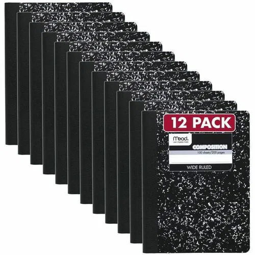 Mead Wide Ruled Composition Book - 1 Subject(s) - 100 Sheets - 200 Pages - Sewn - Legal/Wide Ruled Front Ruling - 20 lb Basis Weight - White Paper - Black Marble Marble Paper Cover - Reference Page, Double Sided Sheet, Conversion Table, Undated, Opaque, M