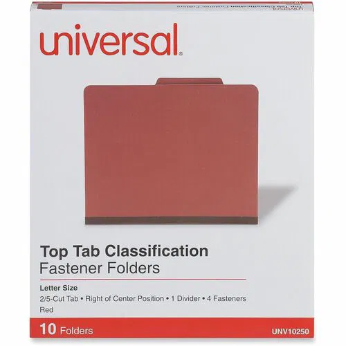 Universal Classification Folder, Letter, 2" Expansion, 4 Fasteners, 2/5 Top Tab (Right-of-Center), Kraft Divider, Red, 10/PK