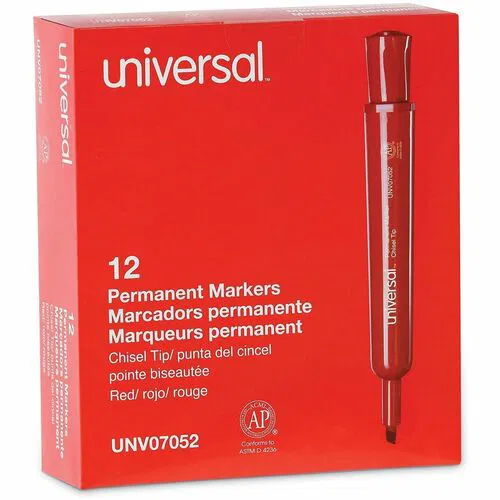 Universal Permanent Marker, Office, Project, Label, Chisel Tip, Red Ink, Plastic Barrel, Low Odor, Non-Toxic, 12/PK