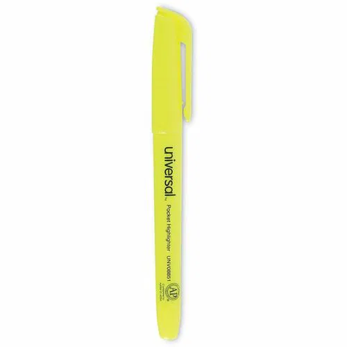Universal Pocket Highlighters, Chisel Tip, Fluorescent Yellow Ink, Long Cap, Quick-Drying, Non-Toxic, 12/PK