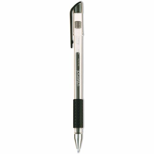 Universal Comfort Grip Gel Pen, 0.7 mm Tip, Black Ink, Clear Barrel, Rubber Grip, Pocket Clip, Visible Ink Supply, 12/PK