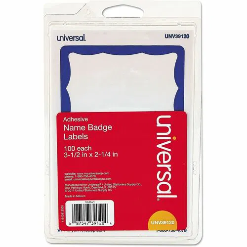 Universal Name Badge - 3.5" Width x 2.3" Depth - Self-adhesive, Removable - Meeting, Seminar, Conference - Paper - White, Blue - 100 / Pack