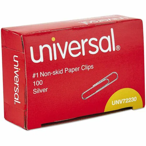 Universal Paper Clips, No. 1, 1.3" Length, Steel Wire, Silver, Non-Skid, 100/Box, 1000/PK