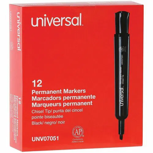 Universal Permanent Marker, Office, Project, Label, Chisel Tip, Black Ink, Plastic Barrel, 12/PK
