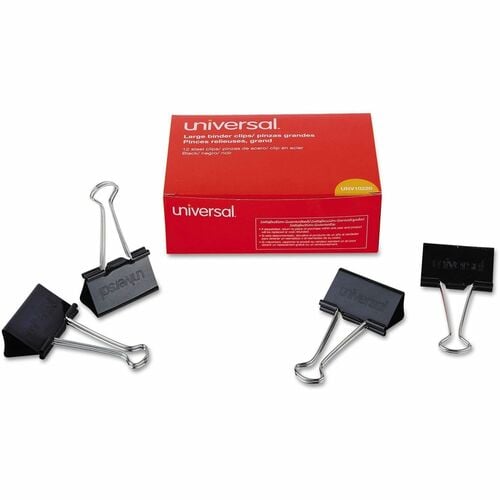 Universal Binder Clips, Large, 2" Width, 1" Capacity, Black/Silver, Steel Wire, Foldable, Removable Handles, 12/PK