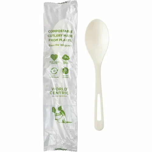 World Centric TPLA Wrapped Cutlery - Spoon - Cutlery Spoon - Dishwasher Safe - Talc-filled Polylactic Acid (TPLA) - Light Beige - 750 / Carton