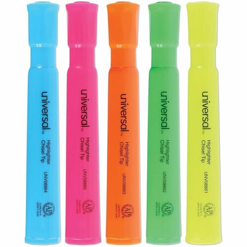 Universal Highlighter, Chisel Tip, Assorted Fluorescent Colors, Quick-Drying, Fade-Resistant, Non-Toxic, 5/SET