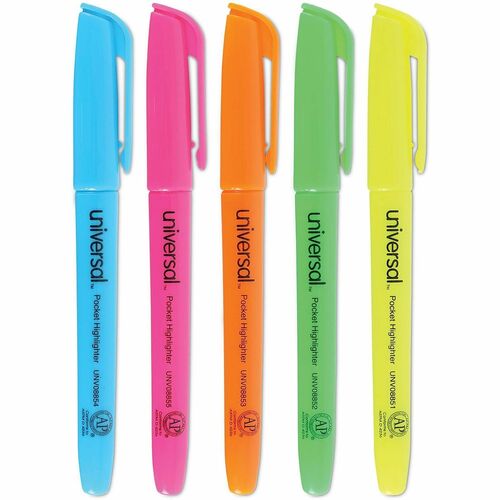 Universal Highlighter, Assorted Fluorescent Colors, Chisel Tip, Quick-Drying Ink, Pocket Clip, 5/Set