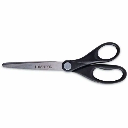 Universal Scissors, 3" Cutting Length, 7" Overall Length, Pointed Tip, Stainless Steel Blades, Ambidextrous Black Plastic Handle