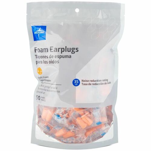Medline Earplugs, Foam, Noise Protection, NRR 35 dB, Individually Wrapped, Orange, 50/BG
