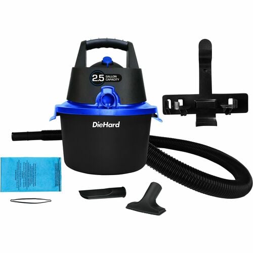 DieHard, Canister Vacuum Cleaner, Wall-Mount, 2.5 gal, 2.5 HP Wet/Dry, 4 ft Hose, 10 ft Cord, Blower, Crevice Tool, Pickup Tool, Filter