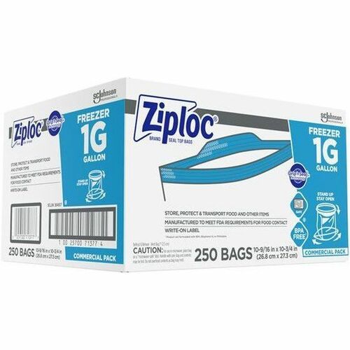 Ziploc Grip n Seal Freezer Bags, Large 1 gal, 10.56" W x 10.75" L, Textured Clear Plastic, Zipper, 250/CT