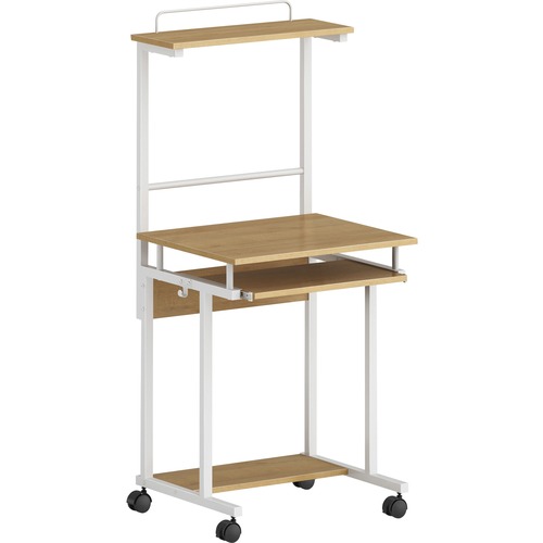 NuSparc Mobile Workstation, Home Office, 110 lb Capacity, 23.6" x 20.6" x 53.5", Maple Top, White Metal Frame, Keyboard Tray, Locking Casters