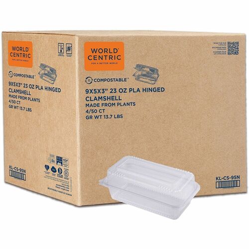 World Centric Compostable Clear Hinged Container - Food, Food Storage, Salad, Sandwich, Fruit - Clear - Polylactic Acid (PLA), Plastic Body - 200 / Carton