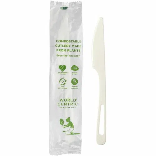 World Centric TPLA Wrapped Cutlery - Knife - Knife - Food, Cafeteria - Dishwasher Safe - Disposable - Talc-filled Polylactic Acid (TPLA), PLA (PolyLactic Acid) Plastic - White - 750 / Carton