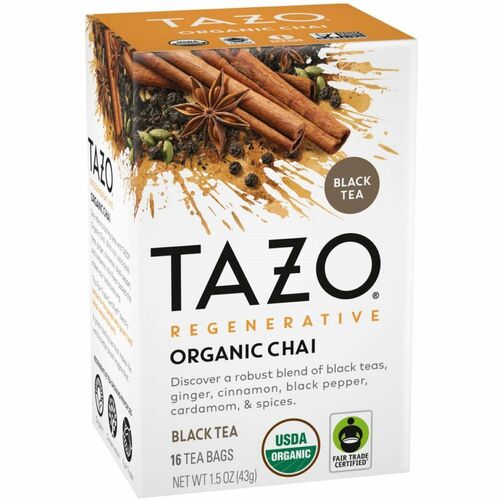 Tazo Tea, Regenerative Organic Chai, Black Tea Bags, Cinnamon, Cardamom, Ginger, Black Pepper, Caffeinated, 16/Box