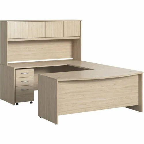 Bush Business Furniture, U-Shaped Desk Set, Studio C, 72" W x 36" D Bow-Front, Natural Elm, Hutch and Mobile File Cabinet, Letter/Legal Filing