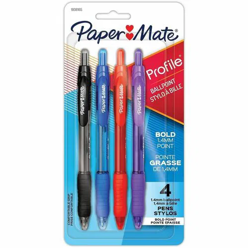 Paper Mate Profile Ballpoint Pen - Retractable - Assorted Ink - Black, Blue, Red, Purple Barrel - 4 / Pack