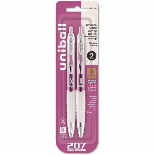 uni® 207 Pink Ribbon Gel Pen - Refillable - Retractable - Black Ink - Pigment-based, Liquid Gel Ink - Pink Barrel - Writing - 2 / Pack