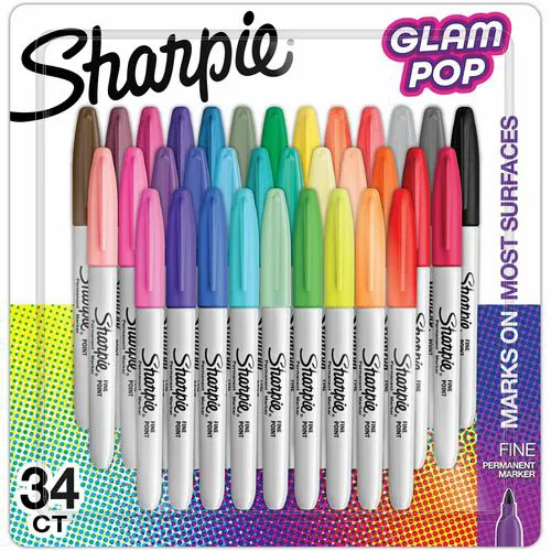 Sharpie, Permanent Marker, Glam Pop, Fine Tip, Assorted Ink, Quick-Drying, Fade-Resistant, Water-Resistant, 34/PK