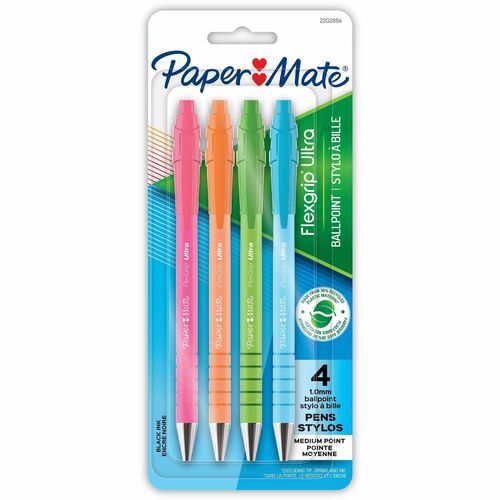 Paper Mate Flexgrip Ultra Recycled Pens - 1 mm Medium Pen Point - Retractable - Black Ink - Green Rubberized, Pink, Orange, Blue, Assorted Barrel - 4 / Pack