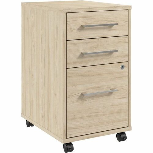 Bush Business Furniture Hustle 3 Drawer Mobile File Cabinet - 27" Height x 16" Width x 20" Depth - 3 x File, Box, Notepad, Storage Drawer(s) - Material: Metal, Plastic, Thermofused Laminate (TFL), Engineered Wood - Finish: Natural Elm - Mobility, Locking 
