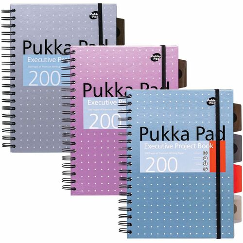 Pukka Pads Notebook, Metallics, B5 7" x 10", 200 Pages, Ruled, Twin Wirebound, Hard Cover, Blue/Purple/Silver, Repositionable Divider, 3/PK