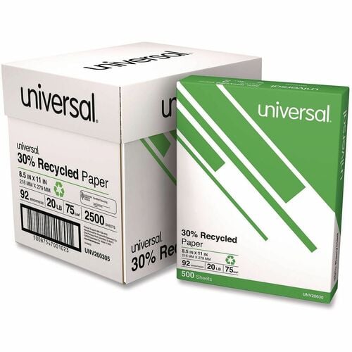 Universal Copy Paper, 2,500 Sheets (500/Ream, 5/CT), 20 lb, 92 Brightness, 30 Percent Recycled, Laser/Inkjet, White