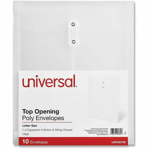 Universal Top-Opening Poly Envelope, Letter Size, 1.25 in Expansion, Clear Polypropylene, String-Button Closure, 10/PK