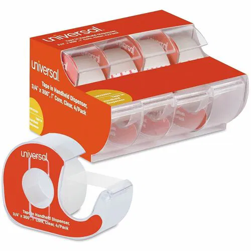 Universal Invisible Tape, 0.75 in x 25 ft, 1 in Core, 2 mil, Clear Acrylic, Handheld Dispenser, 4/PK