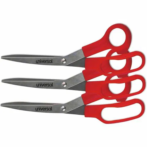 Universal Scissors, 3 in Cutting Length, 7.8 in Overall, Pointed Tip, Stainless Steel Blades, Bent-Right, Red Plastic Handle, 3/PK