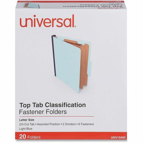 Universal Classification Folder, Letter 8.5" x 11", Top Tab 2/5 Cut, 2.5" Expansion, 6 Fasteners 2" Capacity, 2 Kraft Dividers, Light Blue, 20/Box