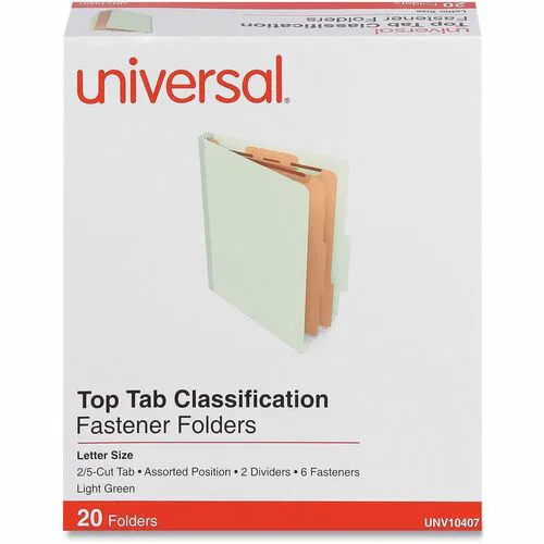 Universal Classification Folder, Top Tab 2/5 Cut, Letter 8.5" x 11", 2.5" Expansion, 2 Dividers, 6 Fasteners (2" Capacity), Light Green, 20/Box