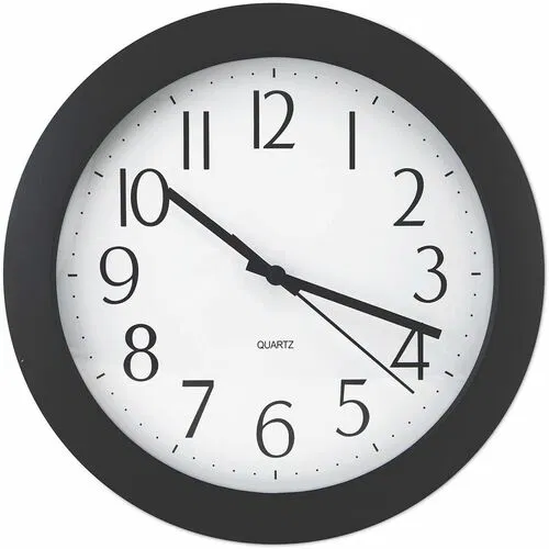 Universal Wall Clock, Quartz Silent Sweep Movement, 12 in W x 2 in D x 12 in H, Black Case, Shatter-Resistant Plastic Face