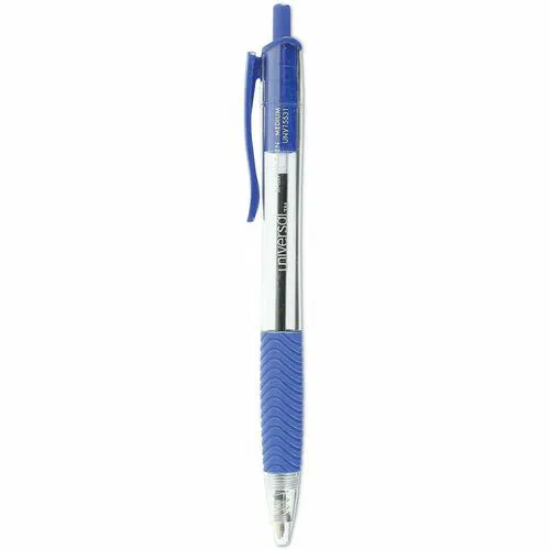 Universal Ballpoint Pen, Comfort Grip, 1 mm Medium Conical, Blue Ink, Clear Barrel, Rubberized Grip, Retractable, Visible Ink Supply, 12/PK