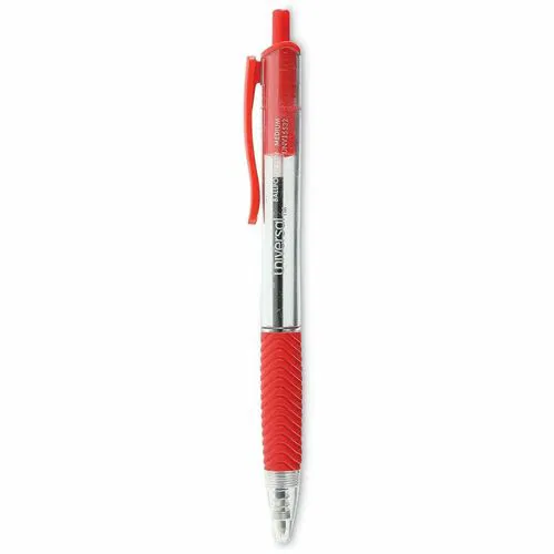 Universal Ballpoint Pen, Comfort Grip, 1 mm Medium Conical Tip, Retractable, Red Ink, Clear/Red Barrel, 12/PK