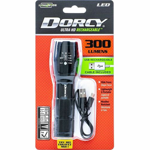 Dorcy 300 Lumen Ultra HD USB Flashlight - LED - 300 lm Lumen - 1 - Lithium Ion (Li-Ion) - Battery Rechargeable - Battery, USB - Aluminum - Water Resistant, Impact Resistant, Weather Resistant - Black - 1 Each