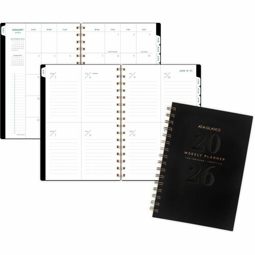 At-A-Glance Signature Lite Weekly Monthly Planner - Small - Monthly, Weekly - 12 Month - January 2026 to December 2026 - 1 Week, 1 Month Double Page Layout - 5 1/2" x 8 1/2" Sheet Size - White Sheet - Wire Bound - Black - Poly - Black Cover - Date Indicat