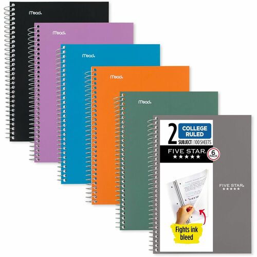 Mead Five Star Notebook, College Ruled, 2-Subject, 80 Sheets, 6" x 9-1/2", Assorted Plastic Cover, Spiral Lock, 6/PK