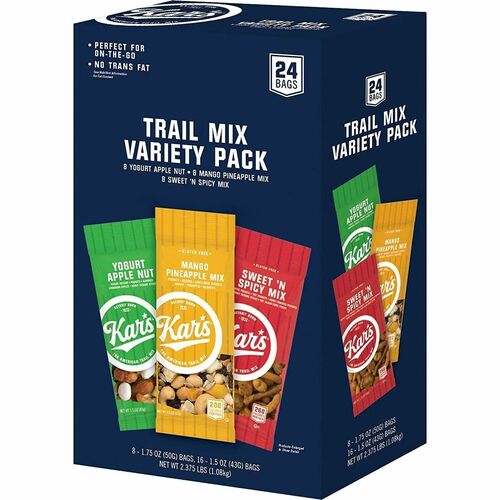 Kar's Nuts Trail Mix Variety Pack - Individually Wrapped - Mango Pineapple, Spicy, Yogurt Apple - 24 / Box