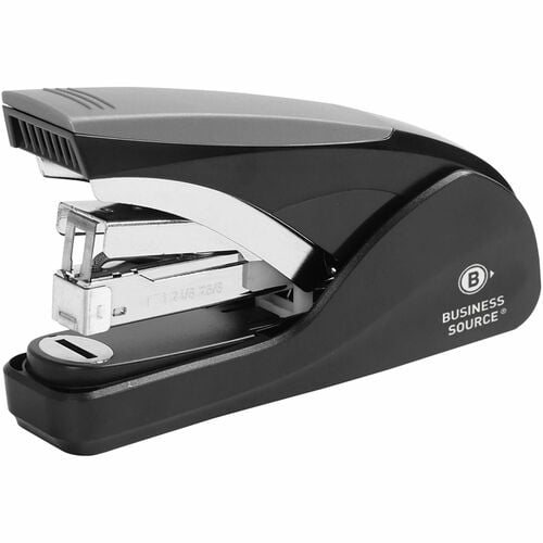 Business Source Desktop Stapler, Full-Strip Front-Loading, 25-Sheet Capacity, Holds 210 Staples, Flat-Clinch, Anti-Slip Base, Black