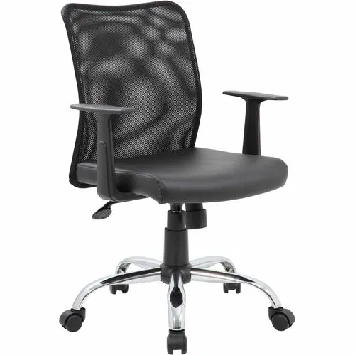 Boss Budget Mesh Task Chair, Black, Caressoft Upholstered Seat, T-Arms, Pneumatic Height, Tilt-Tension, Chrome Base, Hooded Double-Wheel Casters
